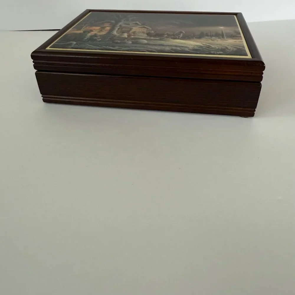 Vintage Galarina Folk Arts Wooden Jewelry Box With Winter Scene Lid & Red Velvet